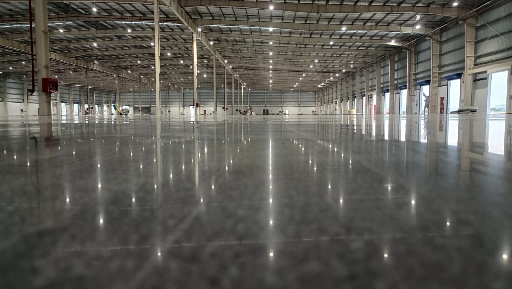 High-gloss polished concrete floor finishing in Hyderabad